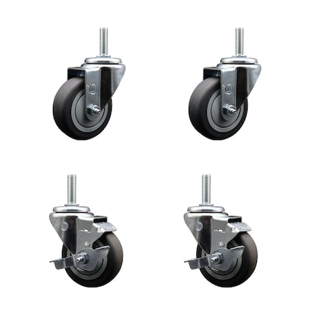 Service Caster 35 Inch Thermoplastic  Rubber Wheel Swivel 58 Inch Threaded Stem Caster Set 2 Brakes SCC SCC-TS20S3514-TPRB-58212-2-TLB-2